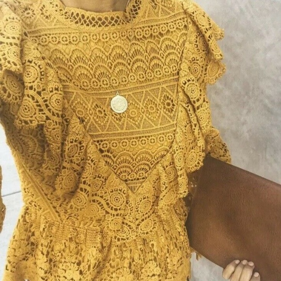 Figleaffashion Tops - New Mustard Crochet Lace Peplum Romantic Blouse